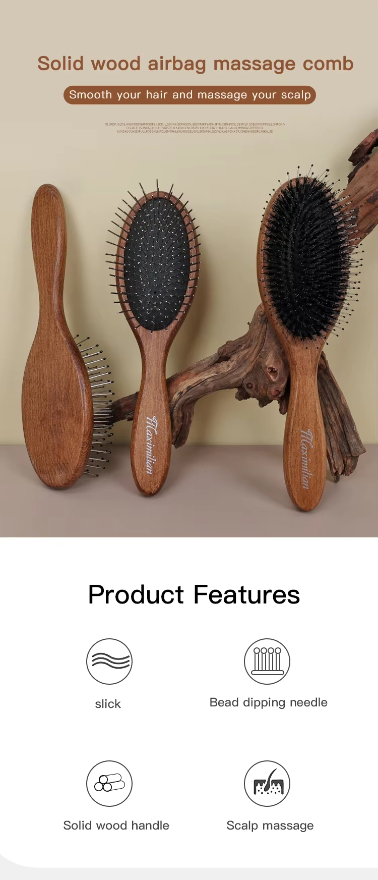 Custom logo Wooden Hair Brush With Wide Tooth