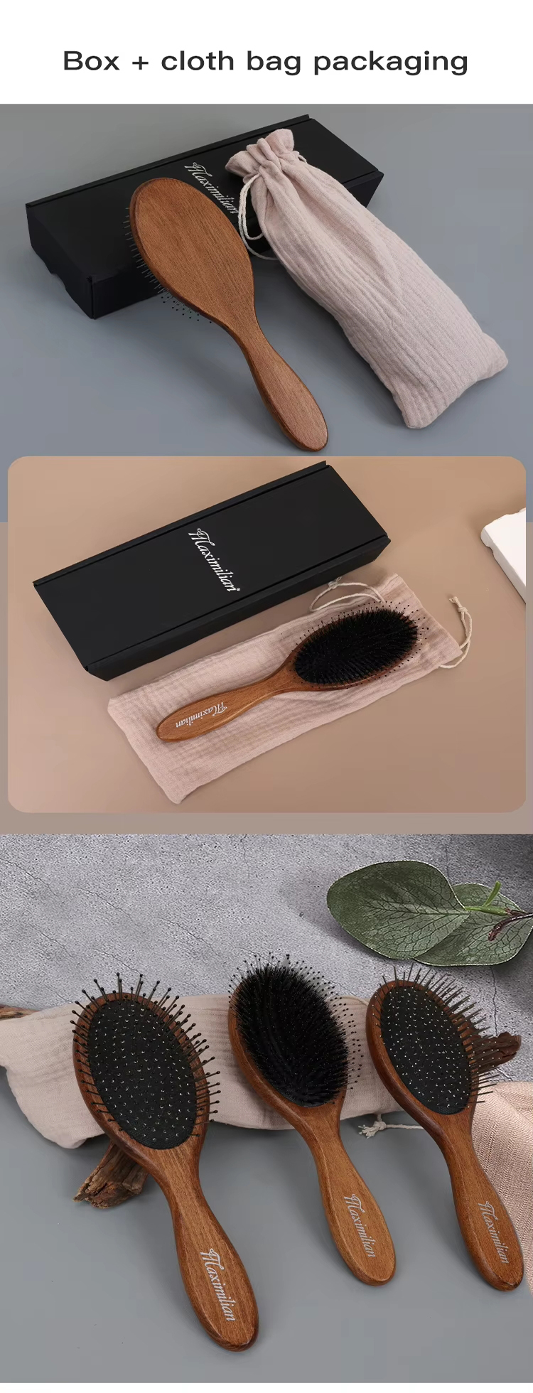 Custom logo Wooden Hair Brush With Wide Tooth