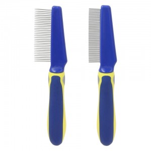 Blue And Yellow Metal Pet Flea Grooming Comb